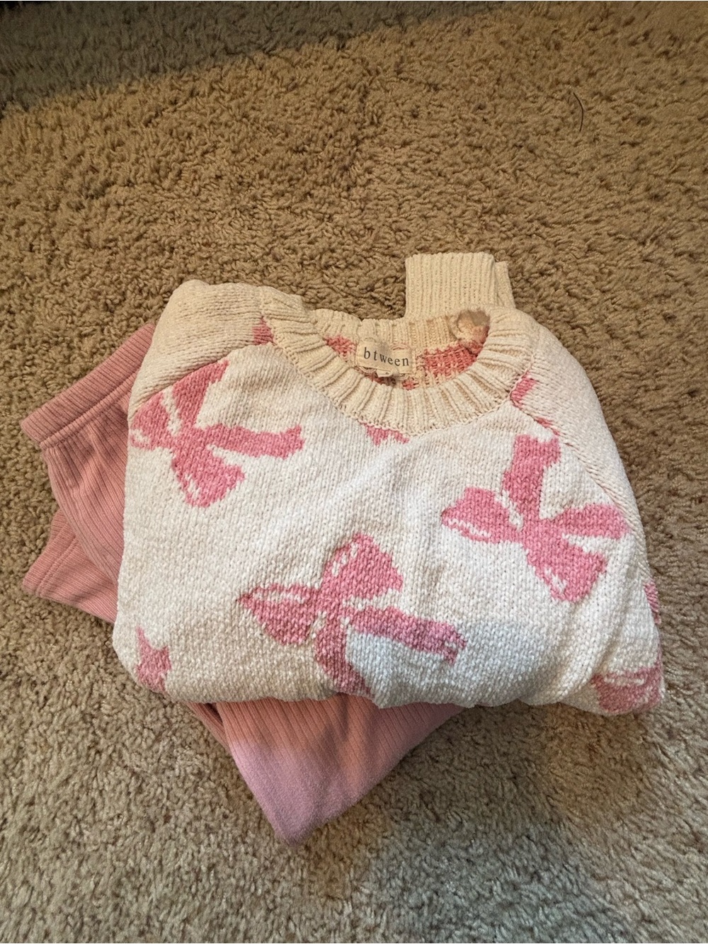 btween Cream Crewneck Sweater with Pink Bow Pattern and Pink Ribbed Pants